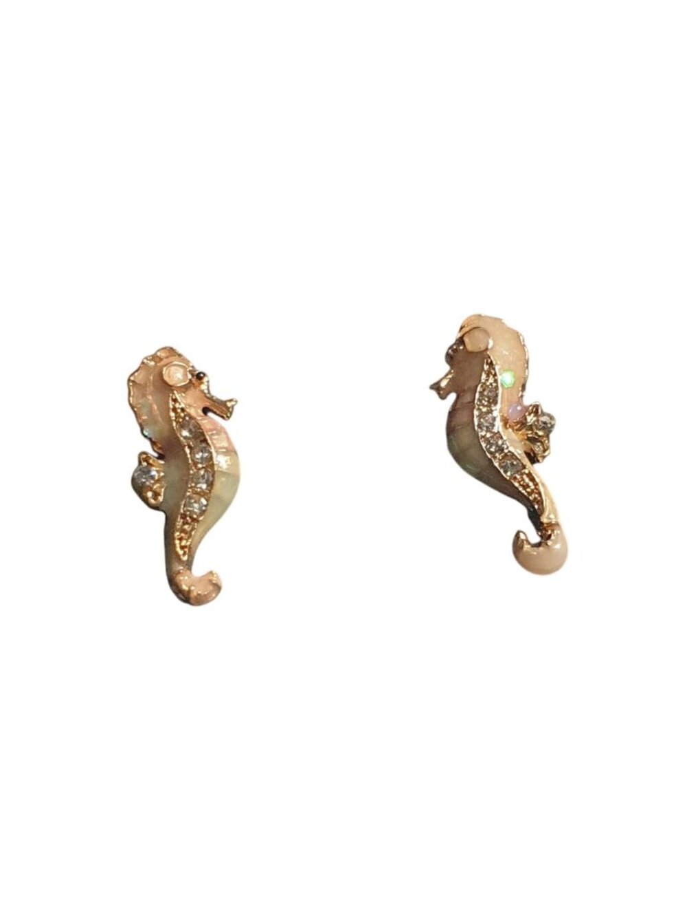 Gold Tone Seahorse Stud Earrings Crystal Accents Ocean Theme Jewelry Pink Cream